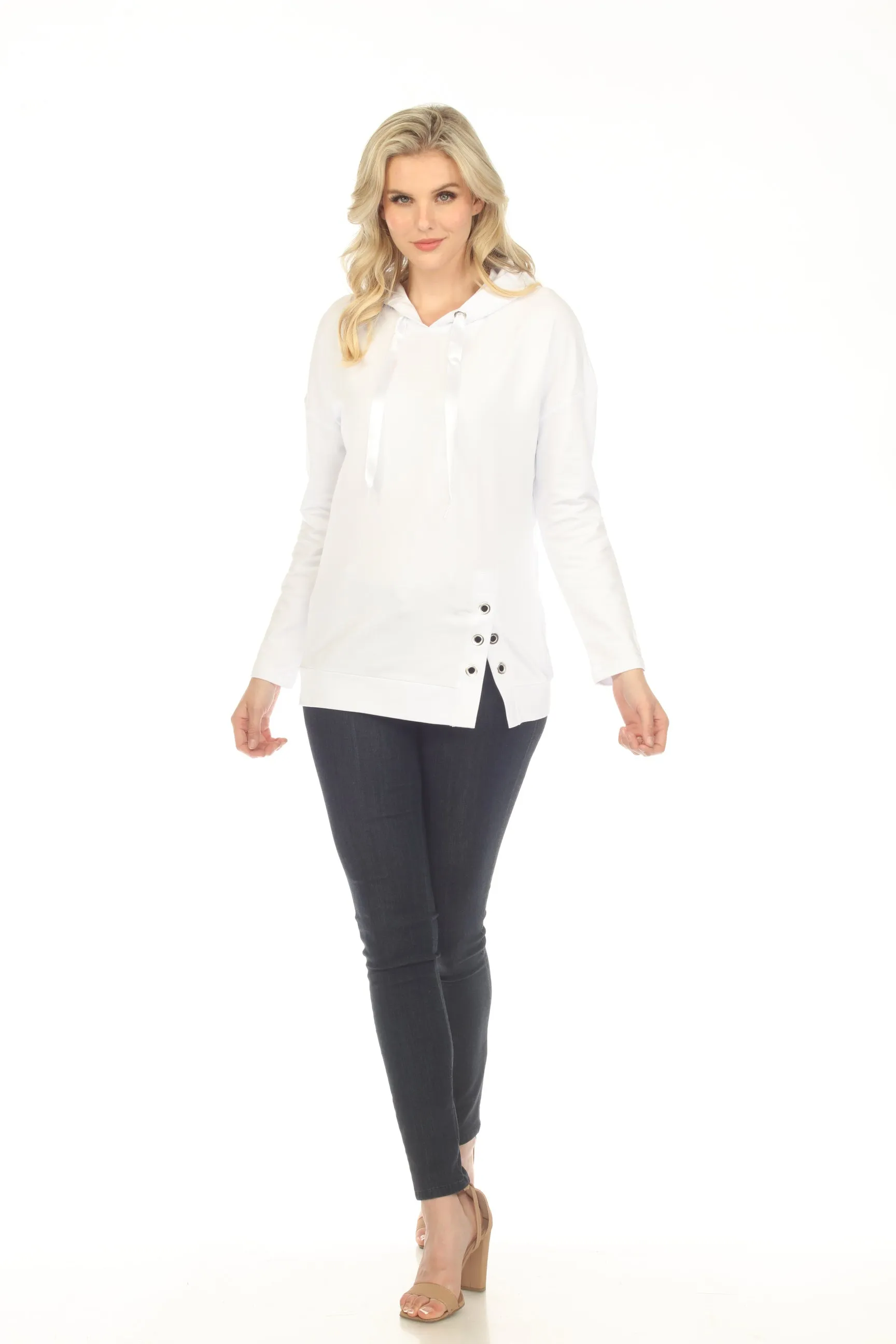 Tricotto White Grommet Detail Split Front Long Sleeve Hooded Top 492