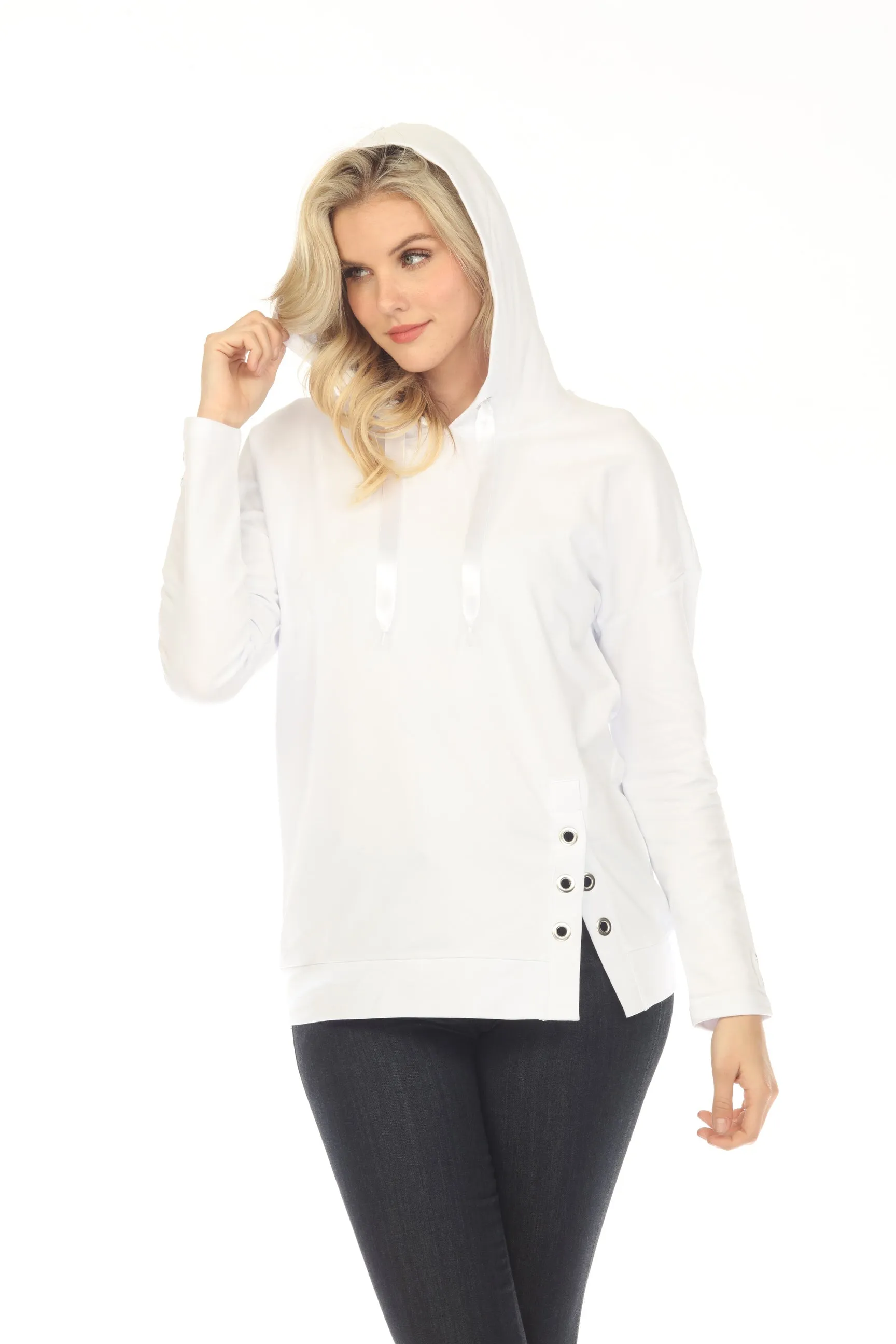 Tricotto White Grommet Detail Split Front Long Sleeve Hooded Top 492
