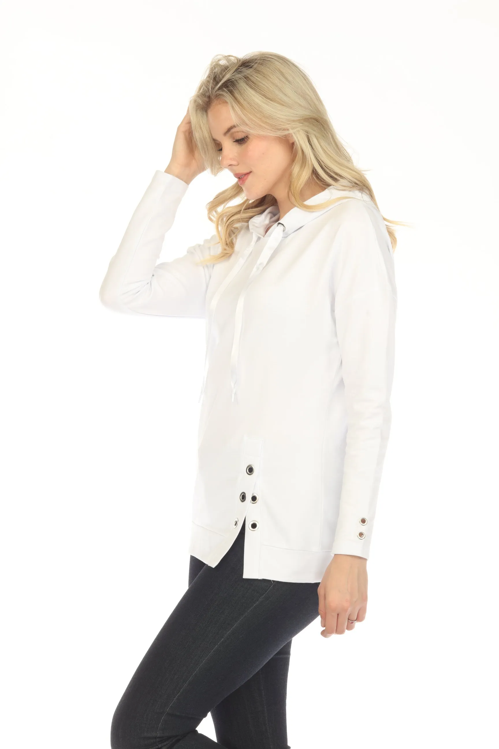 Tricotto White Grommet Detail Split Front Long Sleeve Hooded Top 492