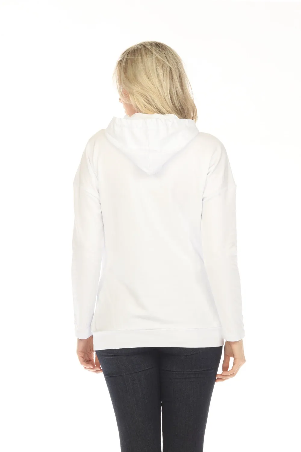 Tricotto White Grommet Detail Split Front Long Sleeve Hooded Top 492