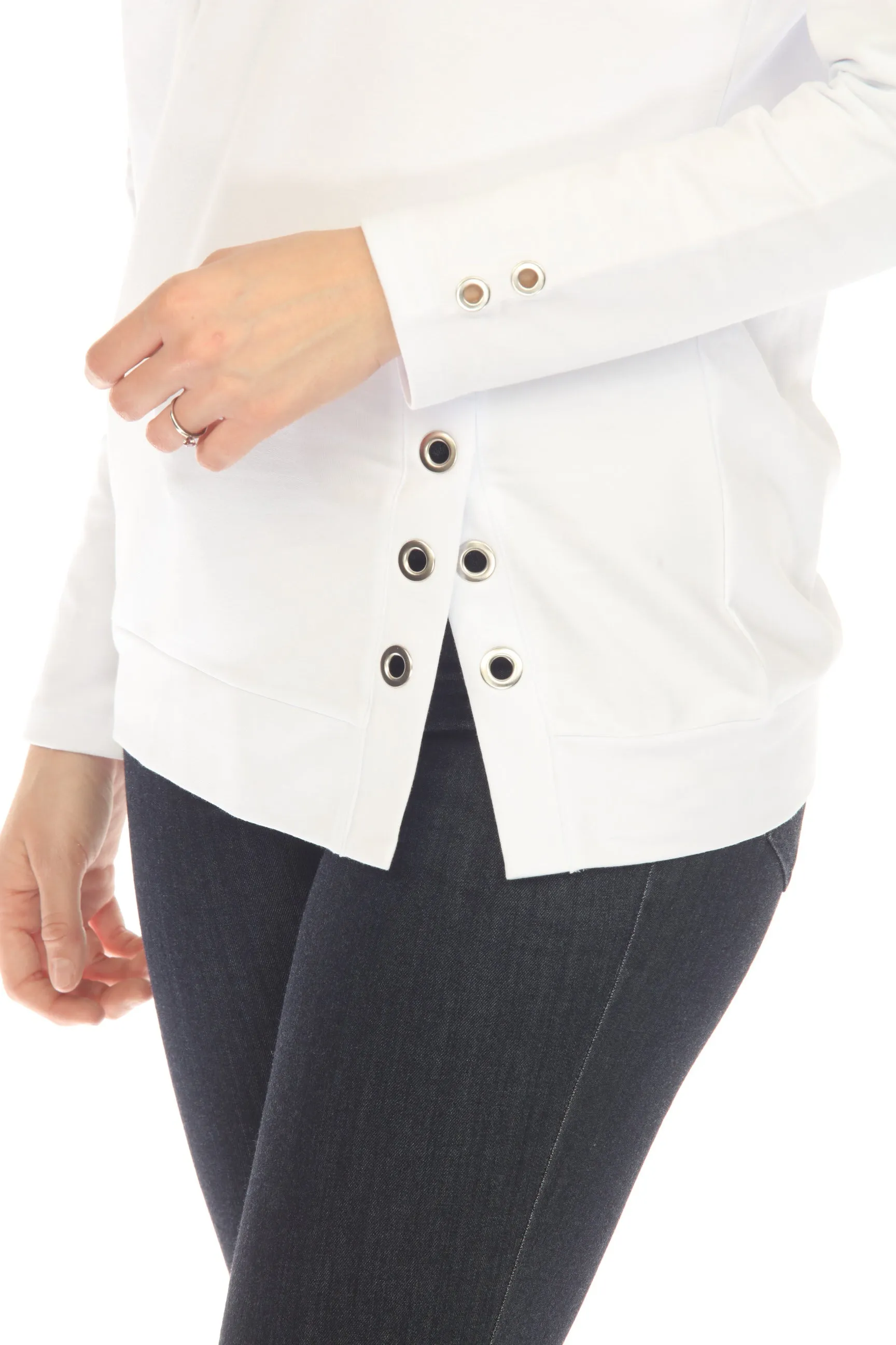 Tricotto White Grommet Detail Split Front Long Sleeve Hooded Top 492