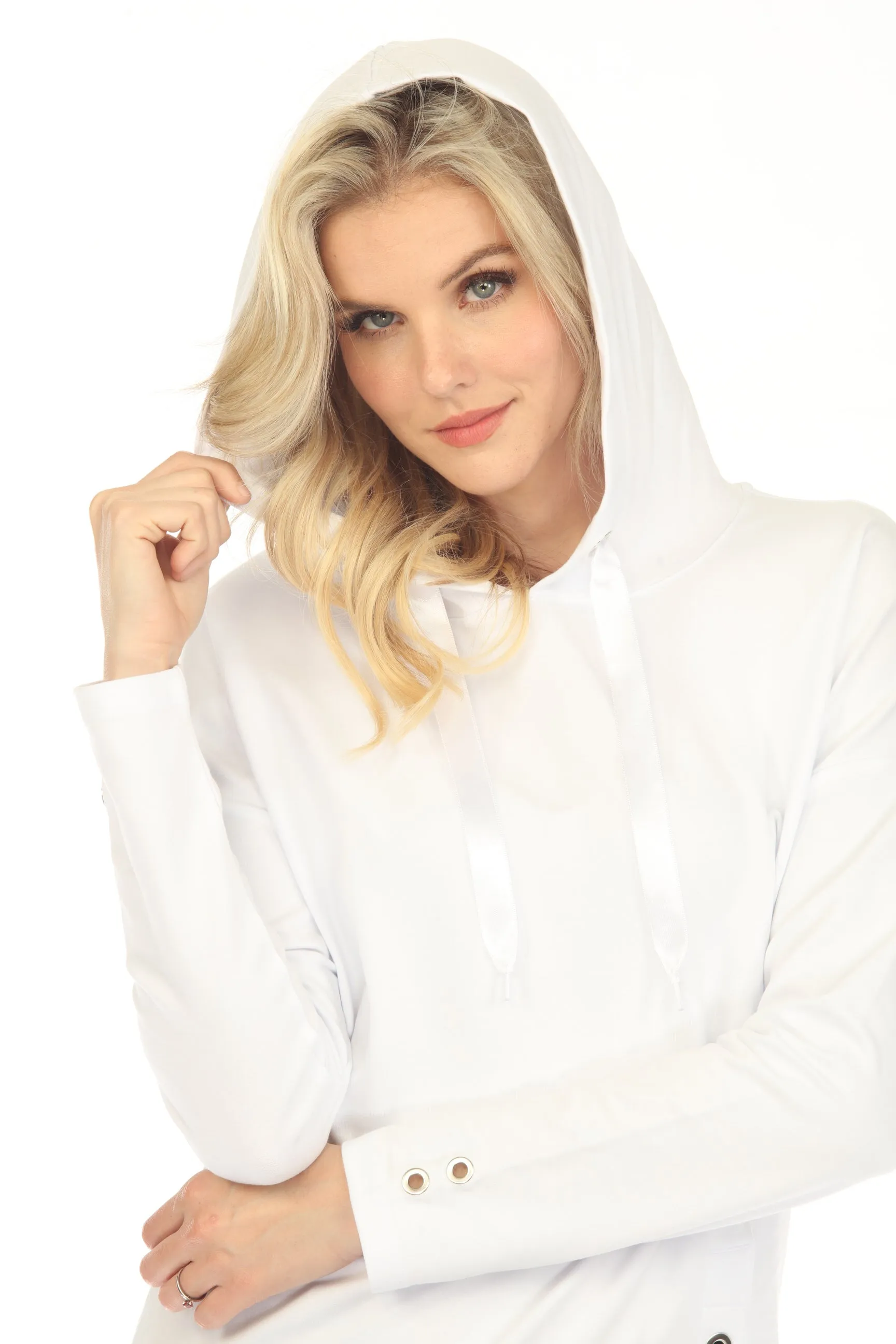 Tricotto White Grommet Detail Split Front Long Sleeve Hooded Top 492
