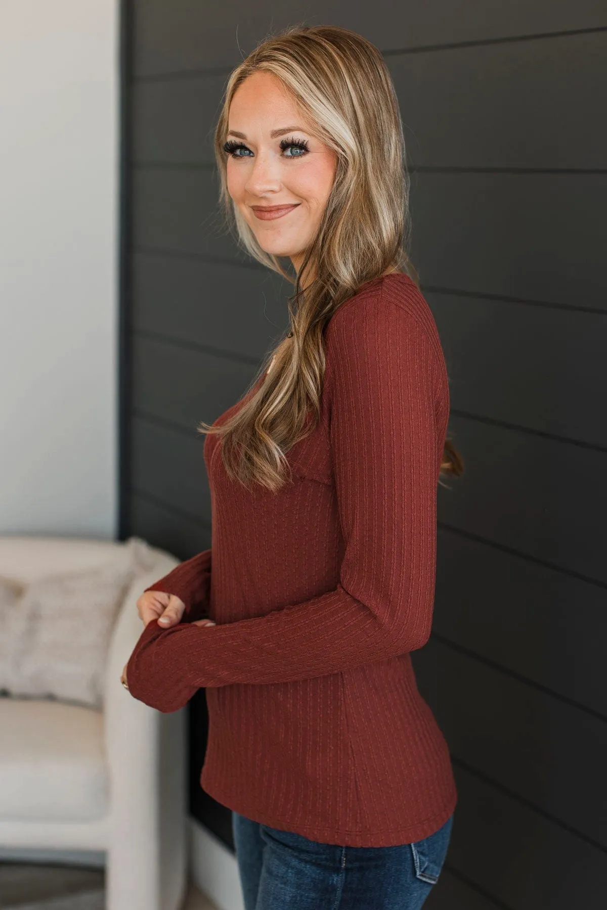 Truly Delightful Long Sleeve Top- Brick