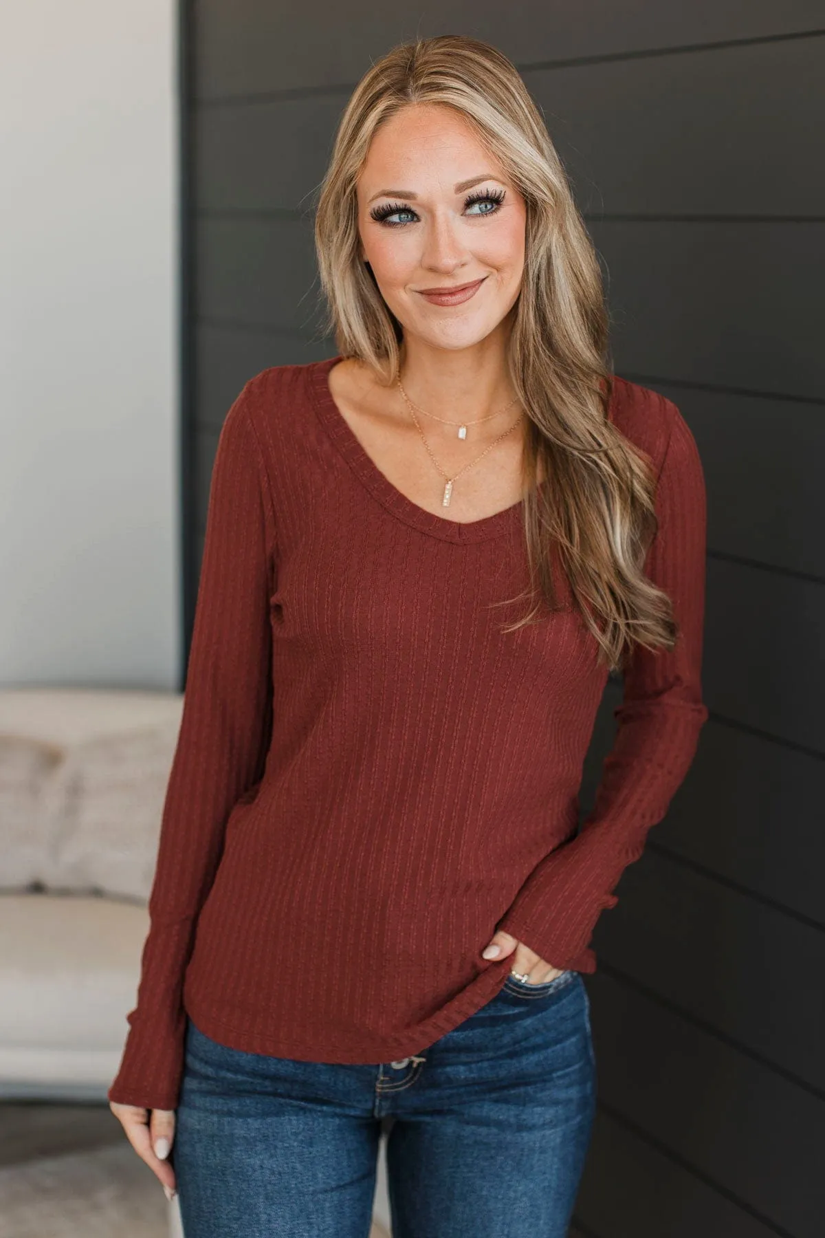 Truly Delightful Long Sleeve Top- Brick