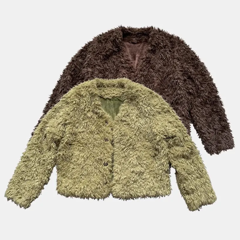 Two-Tone V-Neck Faux Fur Coat