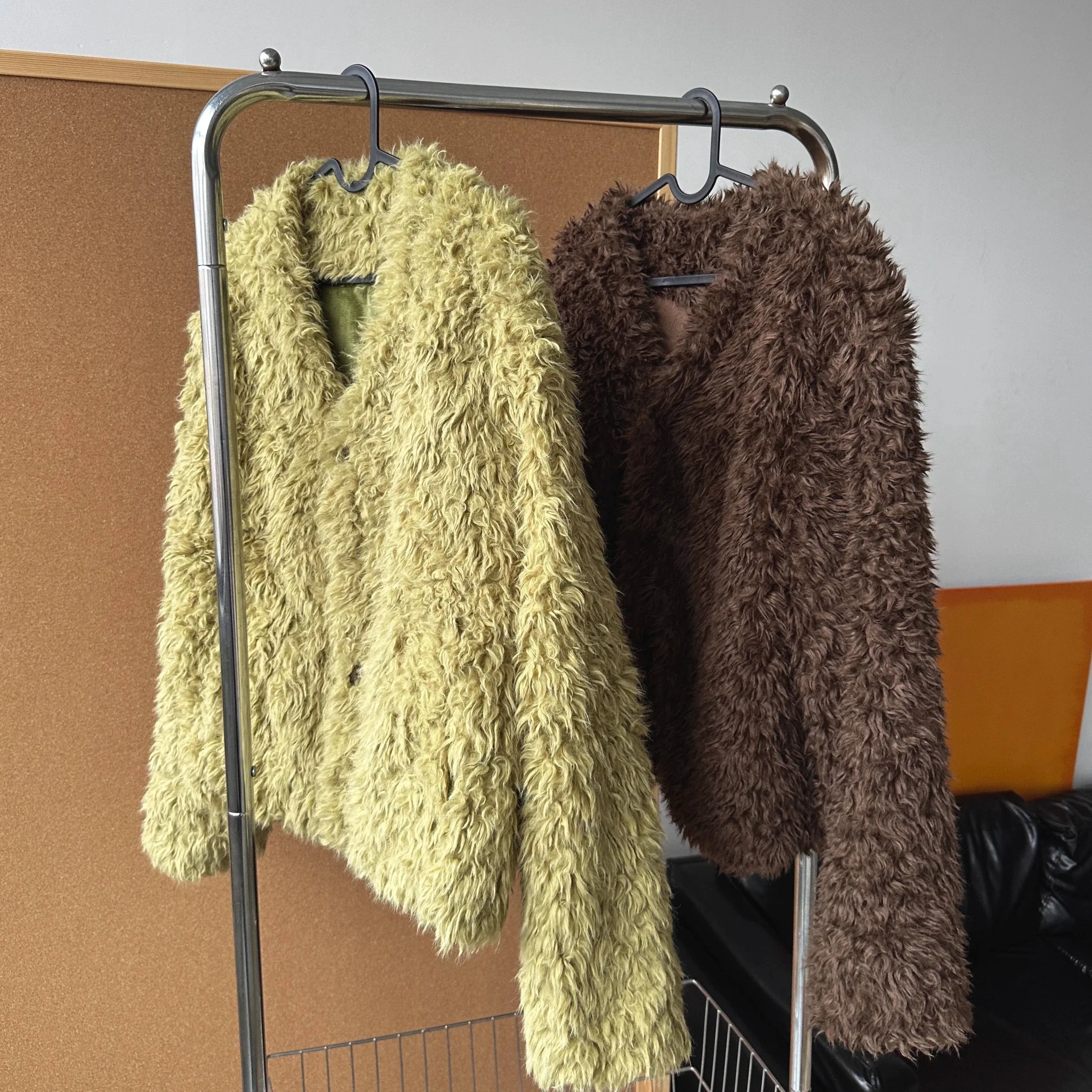 Two-Tone V-Neck Faux Fur Coat