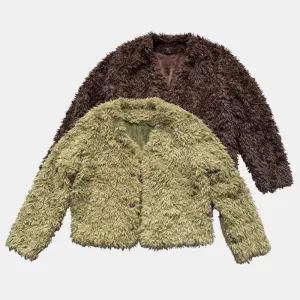 Two-Tone V-Neck Faux Fur Coat