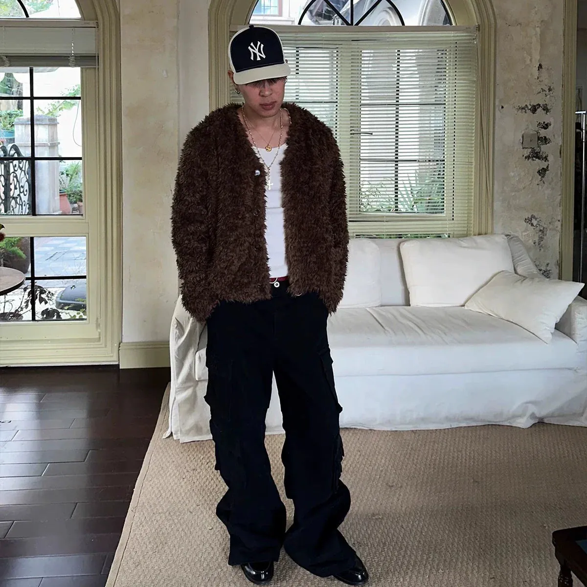 Two-Tone V-Neck Faux Fur Coat