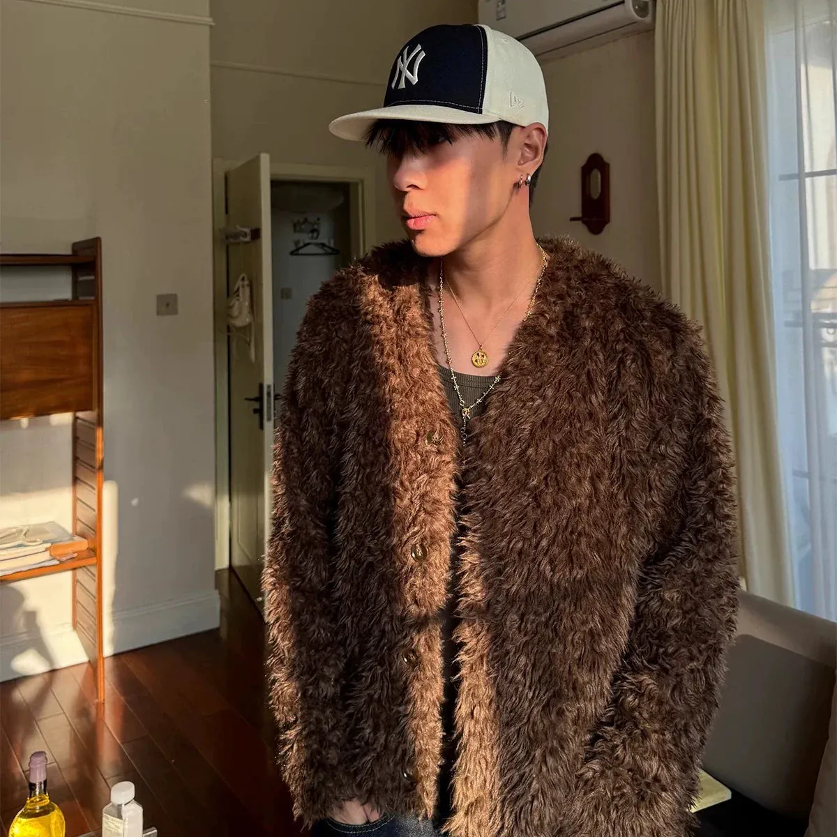 Two-Tone V-Neck Faux Fur Coat
