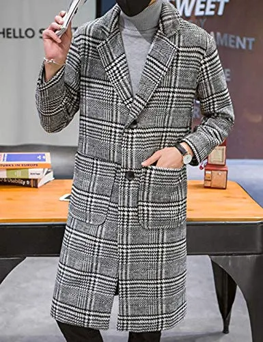 Uaneo Men's Casual Notch Lapel Single Breasted Plaid Mid Long Trench Pea Coat (Gray, Large)