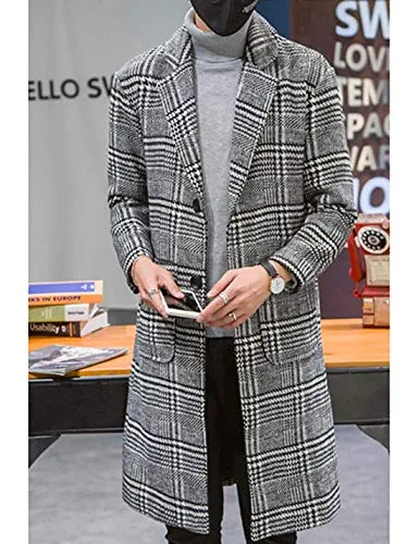 Uaneo Men's Casual Notch Lapel Single Breasted Plaid Mid Long Trench Pea Coat (Gray, Large)