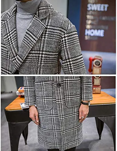Uaneo Men's Casual Notch Lapel Single Breasted Plaid Mid Long Trench Pea Coat (Gray, Large)