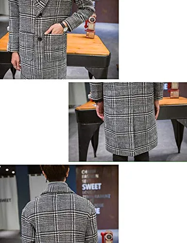 Uaneo Men's Casual Notch Lapel Single Breasted Plaid Mid Long Trench Pea Coat (Gray, Large)