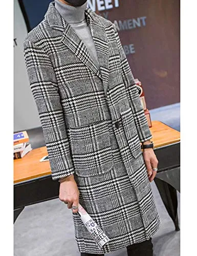 Uaneo Men's Casual Notch Lapel Single Breasted Plaid Mid Long Trench Pea Coat (Gray, Large)