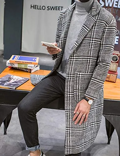 Uaneo Men's Casual Notch Lapel Single Breasted Plaid Mid Long Trench Pea Coat (Gray, Large)