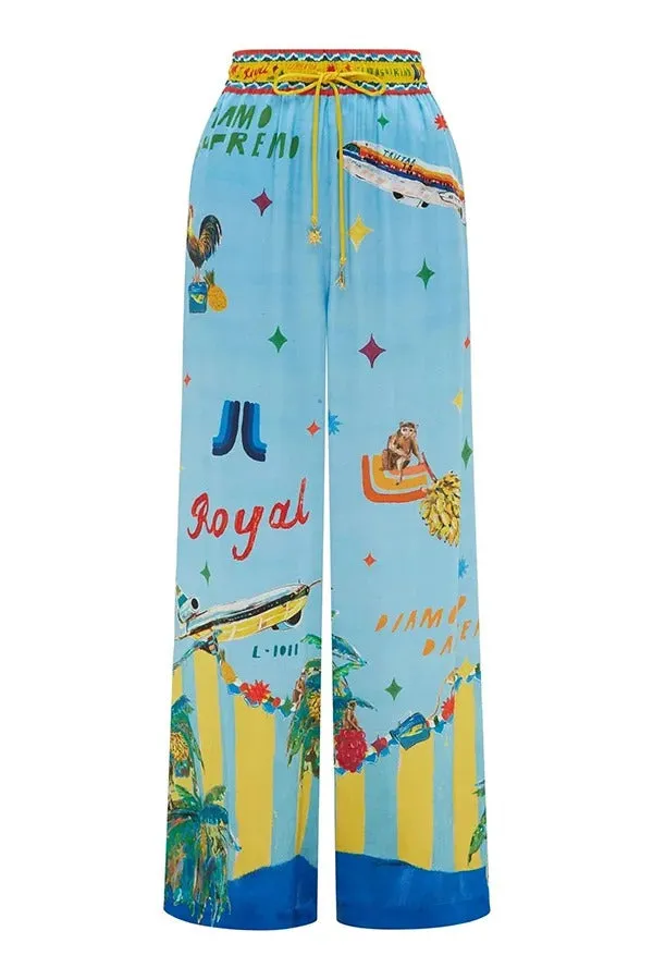 Vacation Flights Satin Unique Print Elastic Waist Pocketed Wide Leg Pants