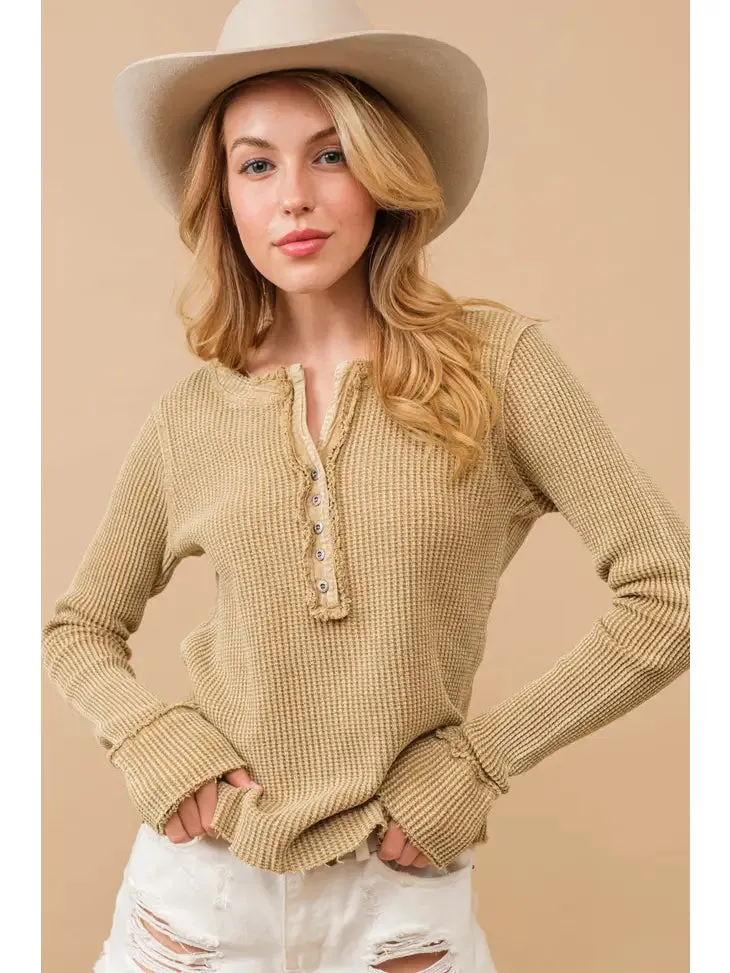 Waffle Vintage Garment Washed Button Up Top
