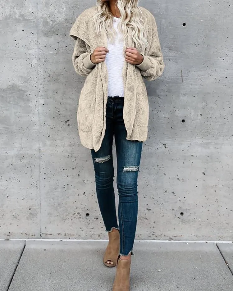 Warm Solid Pocket Design Hoodies Fluffy Coat