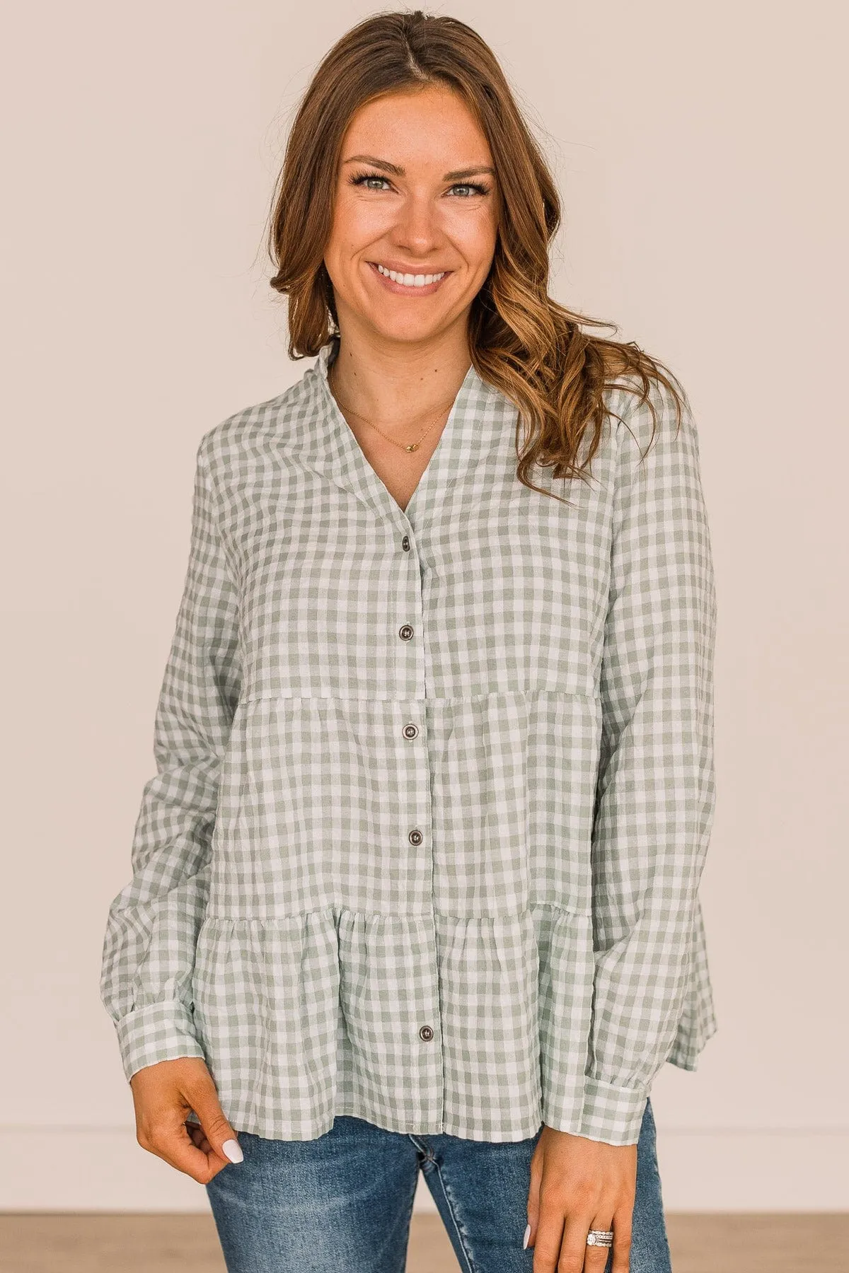 What A Dream Long Sleeve Button Top- Sage