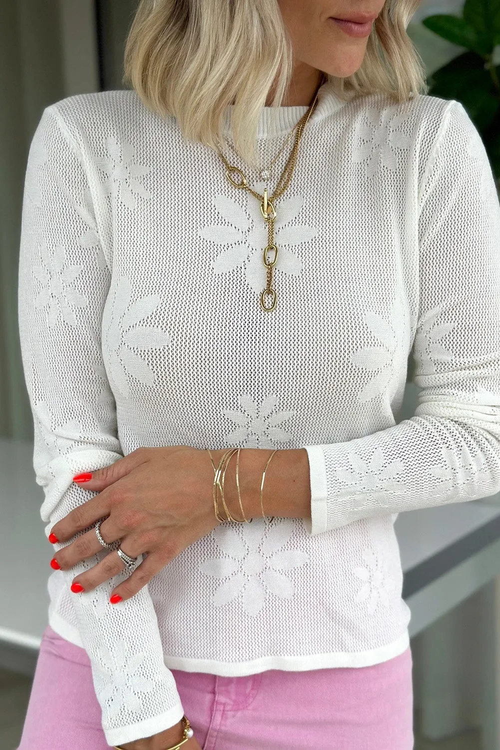 White Flower Knit Long Sleeve Sweater