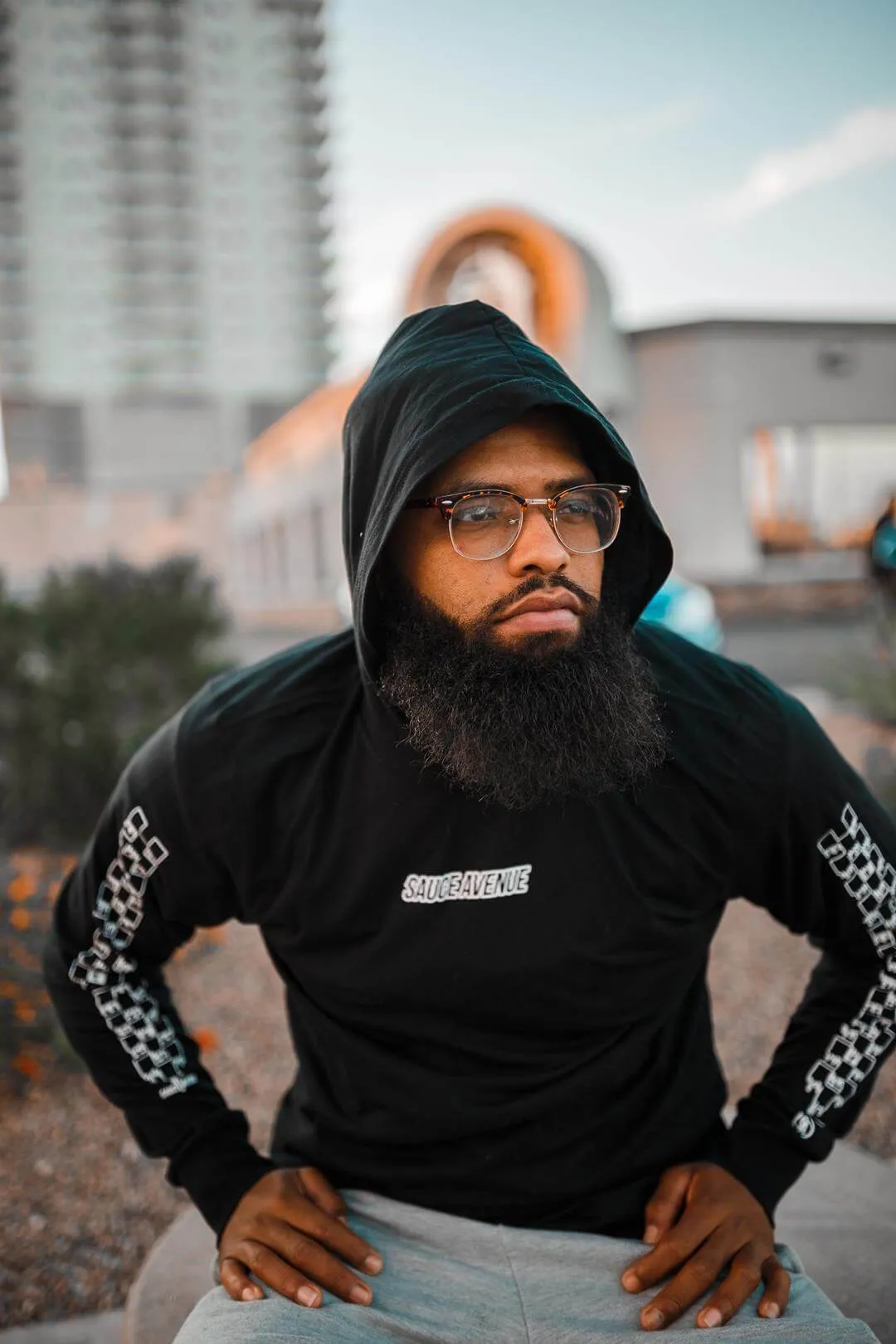 White SA Outline | Black Jersey Long Sleeve Hoodie (Outline Checkered Drippin Sleeve)