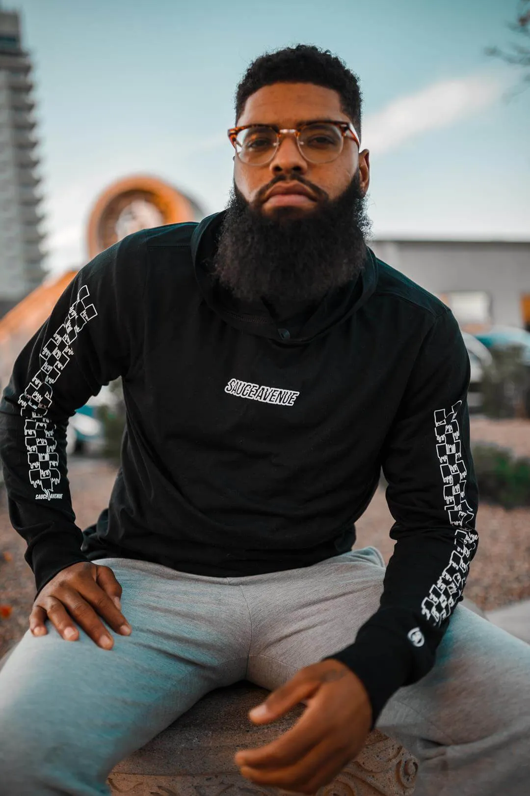 White SA Outline | Black Jersey Long Sleeve Hoodie (Outline Checkered Drippin Sleeve)