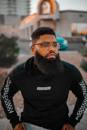 White SA Outline | Black Jersey Long Sleeve Hoodie (Outline Checkered Drippin Sleeve)