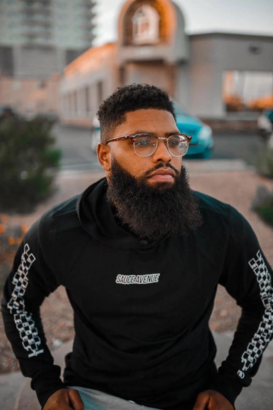 White SA Outline | Black Jersey Long Sleeve Hoodie (Outline Checkered Drippin Sleeve)