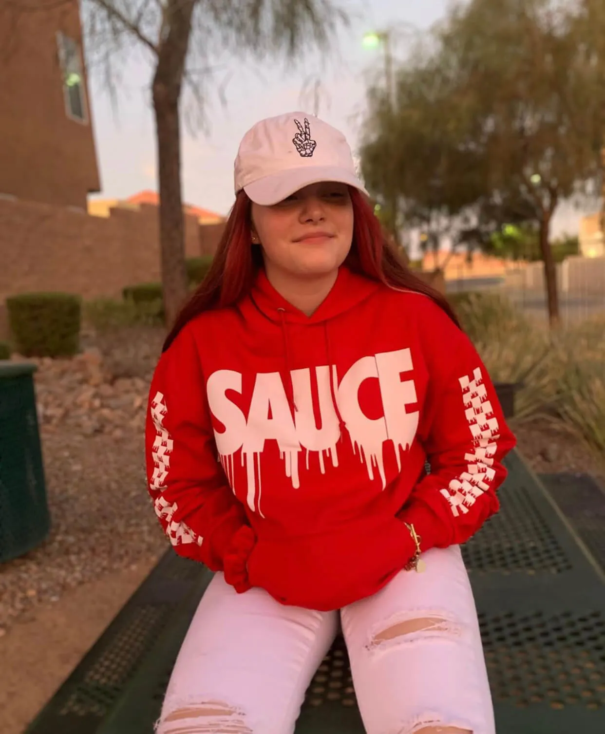 White Sauce | Red Hoodie (Solid Checkered Drippin Sleeve)