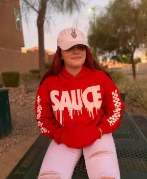 White Sauce | Red Hoodie (Solid Checkered Drippin Sleeve)