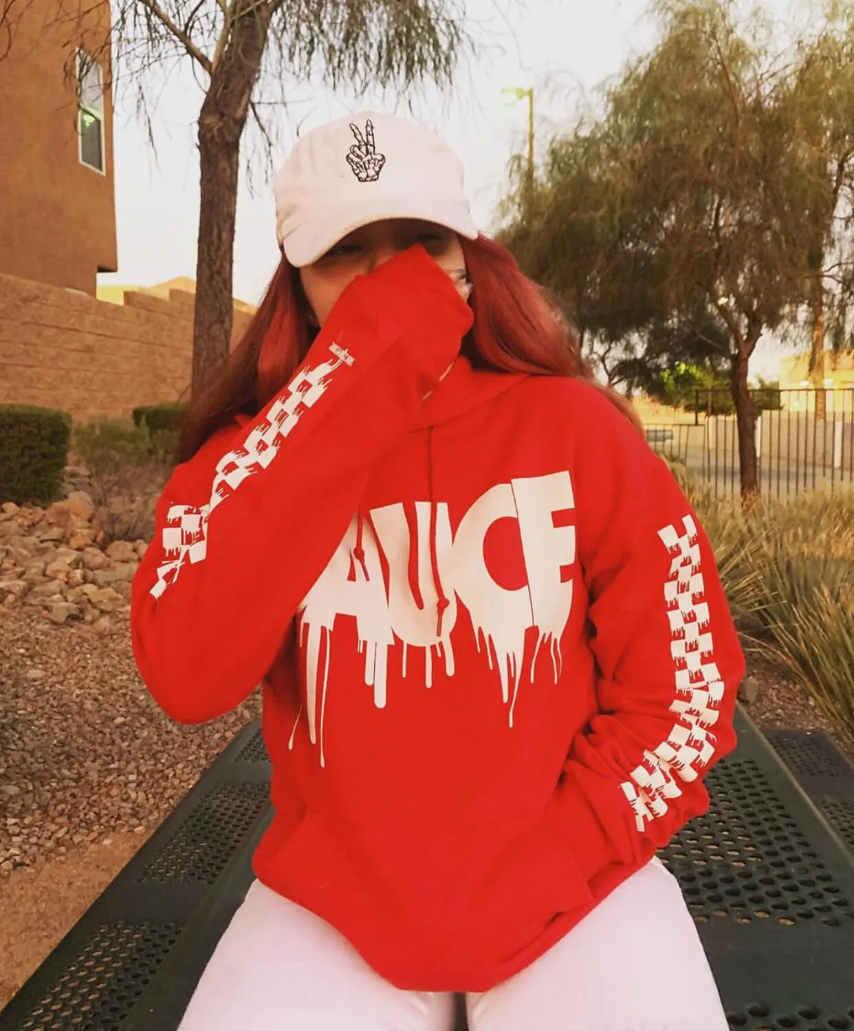 White Sauce | Red Hoodie (Solid Checkered Drippin Sleeve)