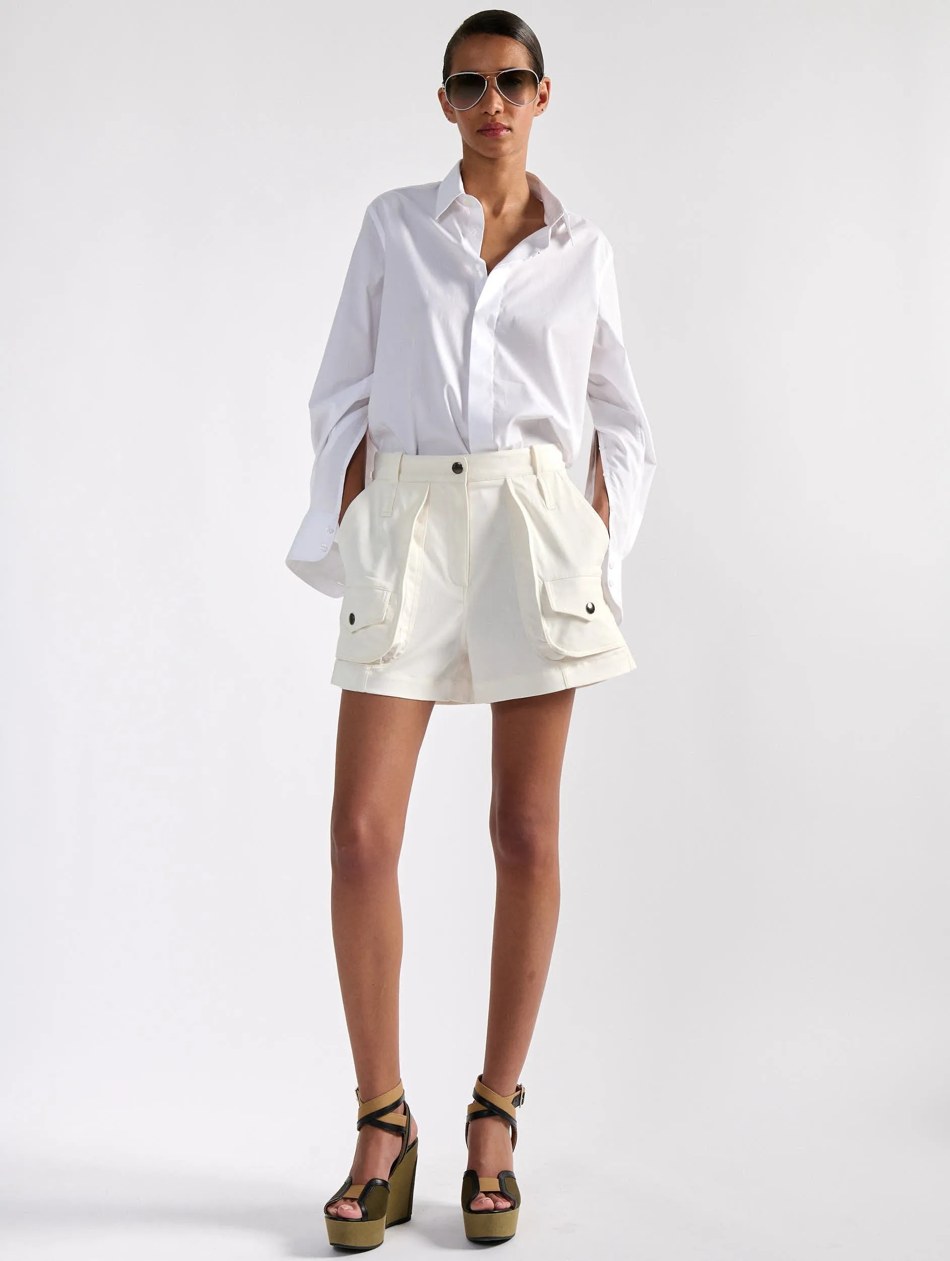White stretch gabardine cargo shorts