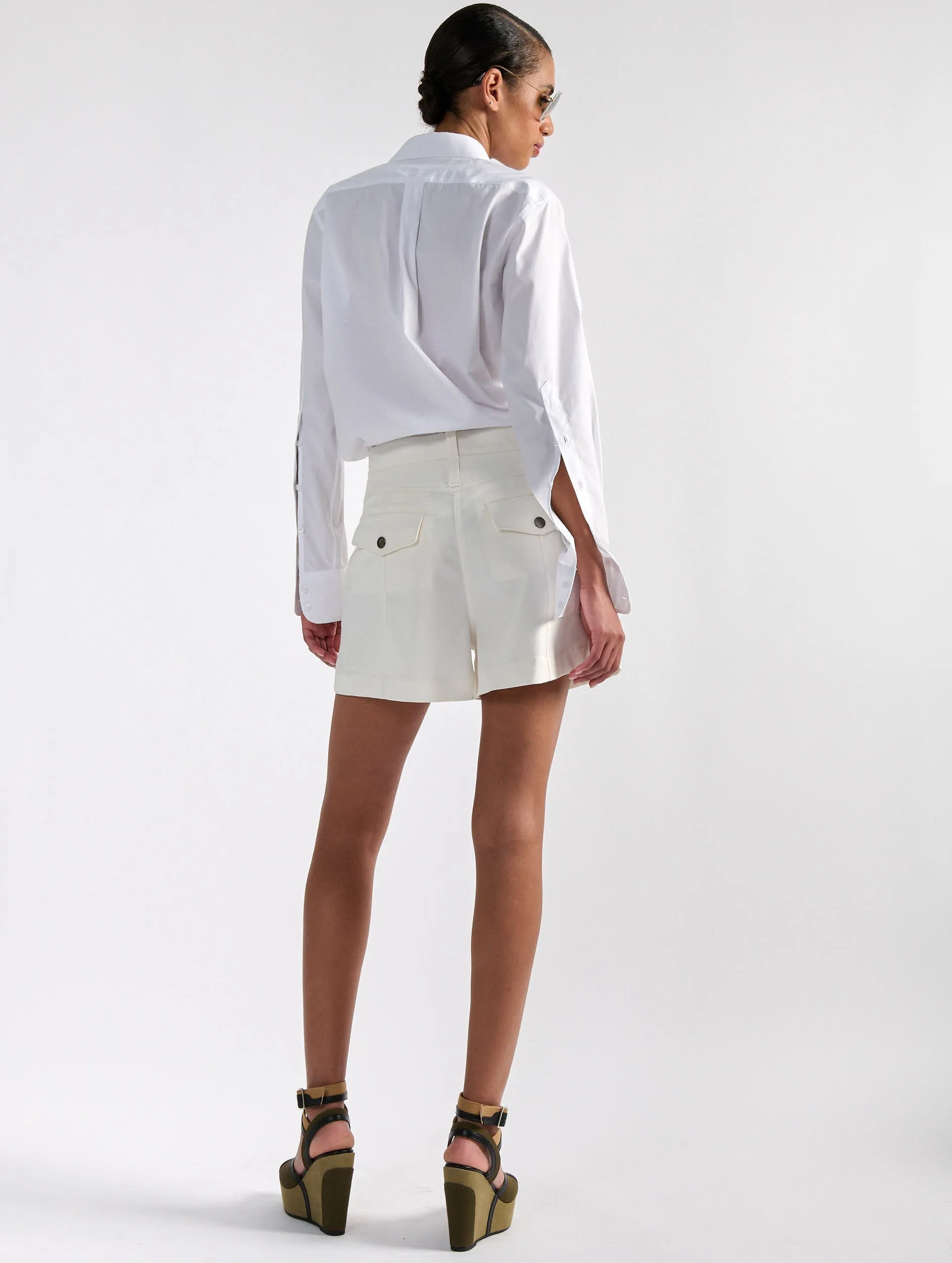 White stretch gabardine cargo shorts