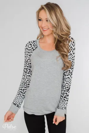 Wildest Dreams Leopard Long Sleeve Top- Heather Grey & White