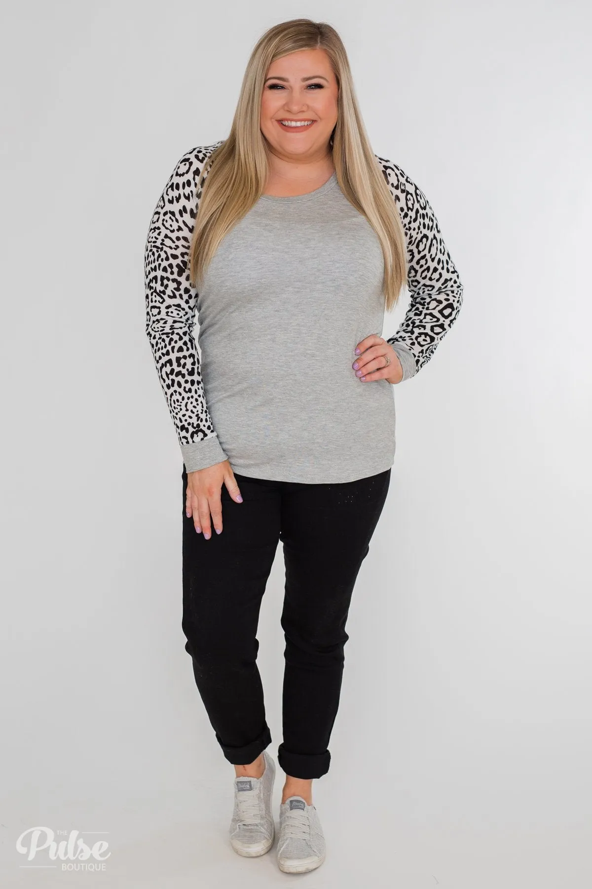 Wildest Dreams Leopard Long Sleeve Top- Heather Grey & White