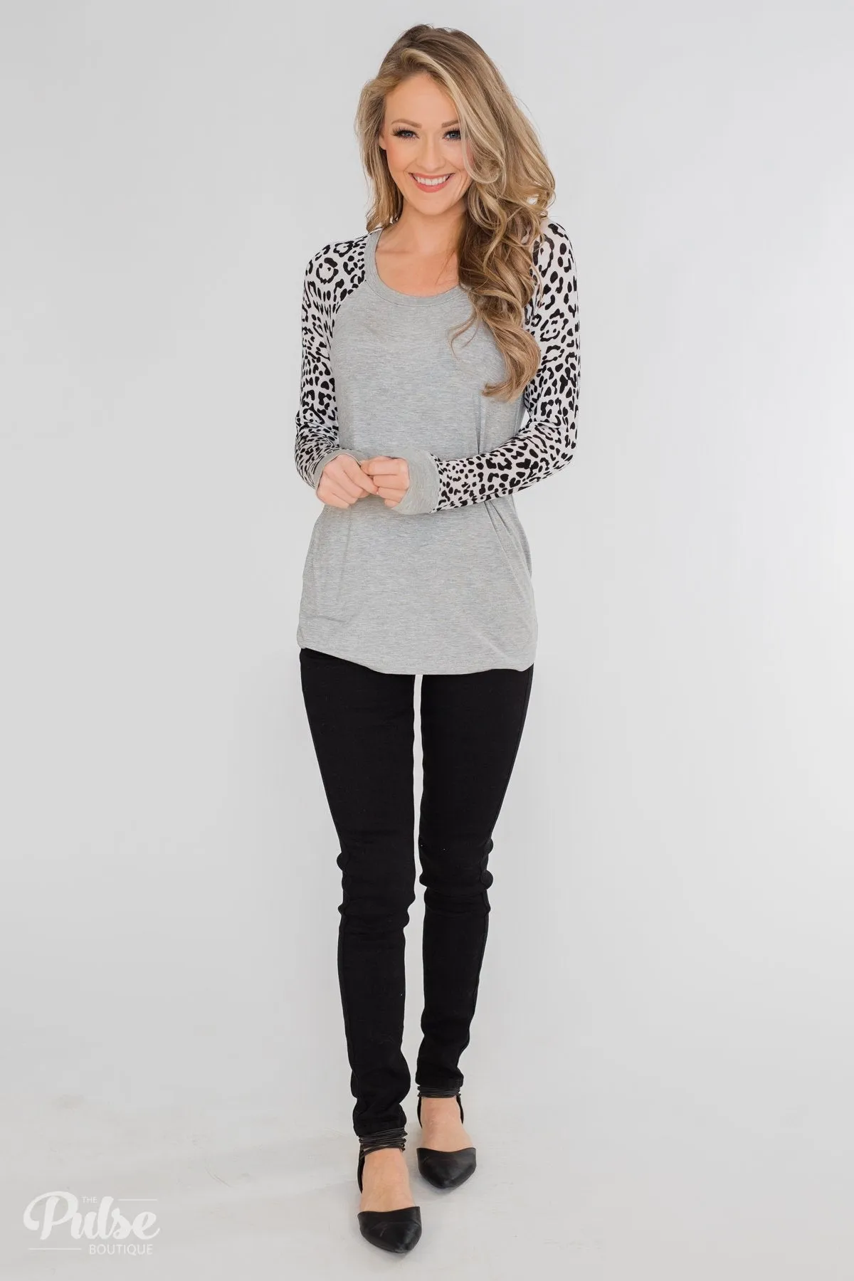 Wildest Dreams Leopard Long Sleeve Top- Heather Grey & White