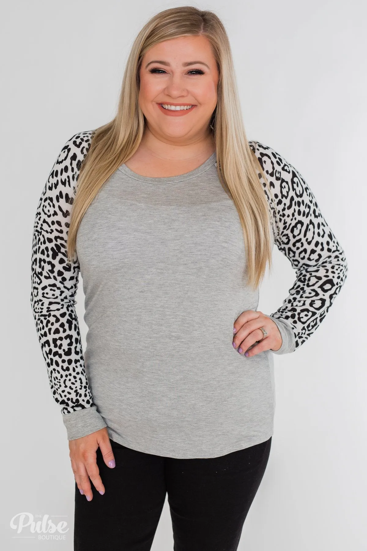 Wildest Dreams Leopard Long Sleeve Top- Heather Grey & White