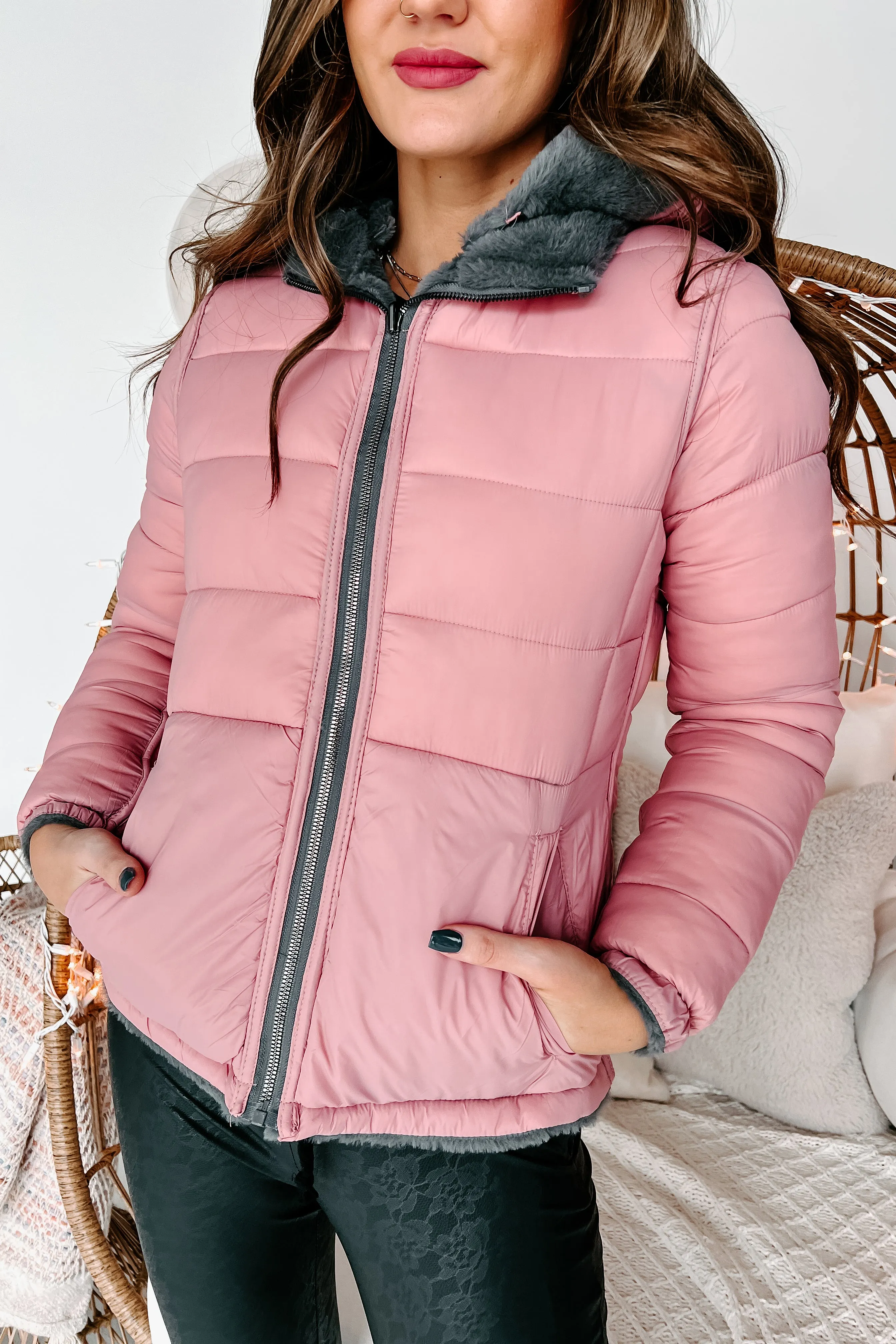 Winter Retreat Reversible Puffer Coat (Dark Grey/Mauve)