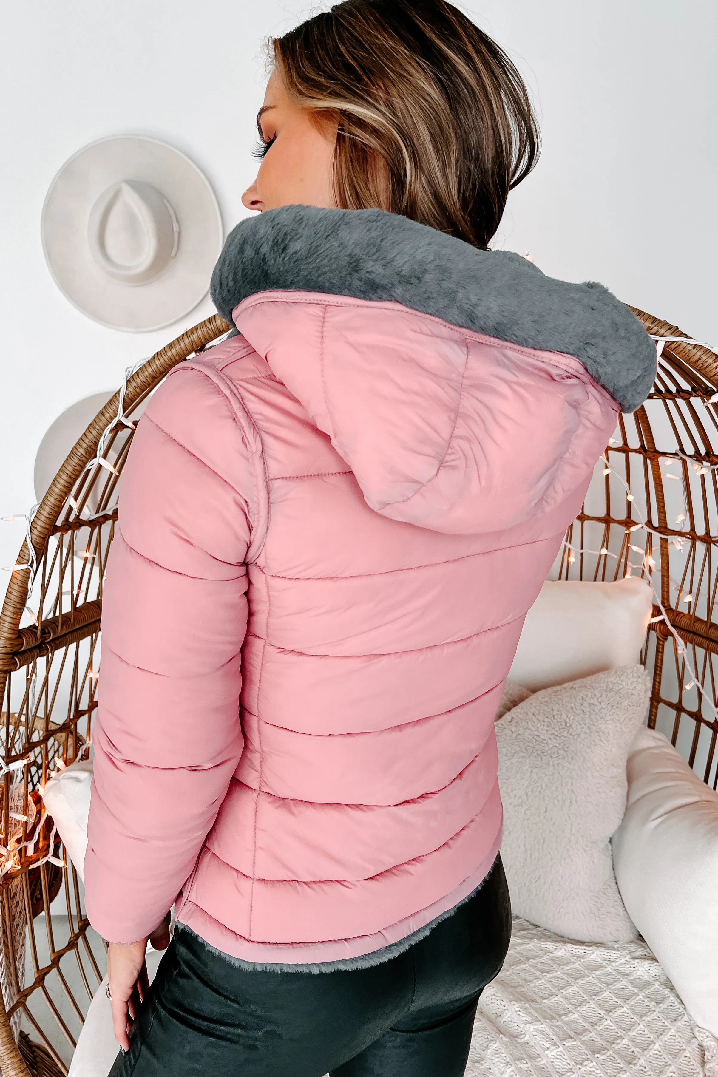 Winter Retreat Reversible Puffer Coat (Dark Grey/Mauve)