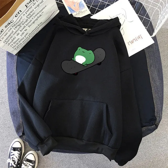 Winter Skateboard Frog Oversized Sweatshirt Men And Women Hoodies Harajuku Warm Pullover Drawstring Harajuku Plus Size Woman Top