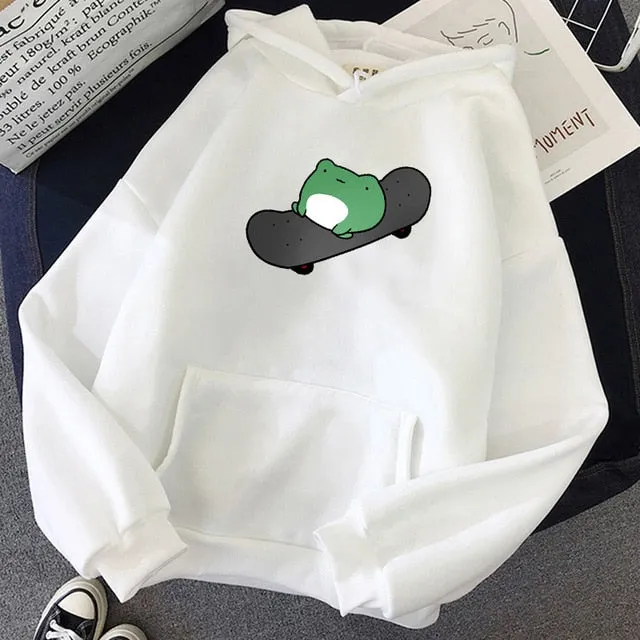 Winter Skateboard Frog Oversized Sweatshirt Men And Women Hoodies Harajuku Warm Pullover Drawstring Harajuku Plus Size Woman Top