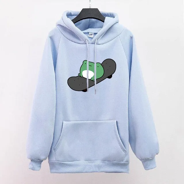 Winter Skateboard Frog Oversized Sweatshirt Men And Women Hoodies Harajuku Warm Pullover Drawstring Harajuku Plus Size Woman Top