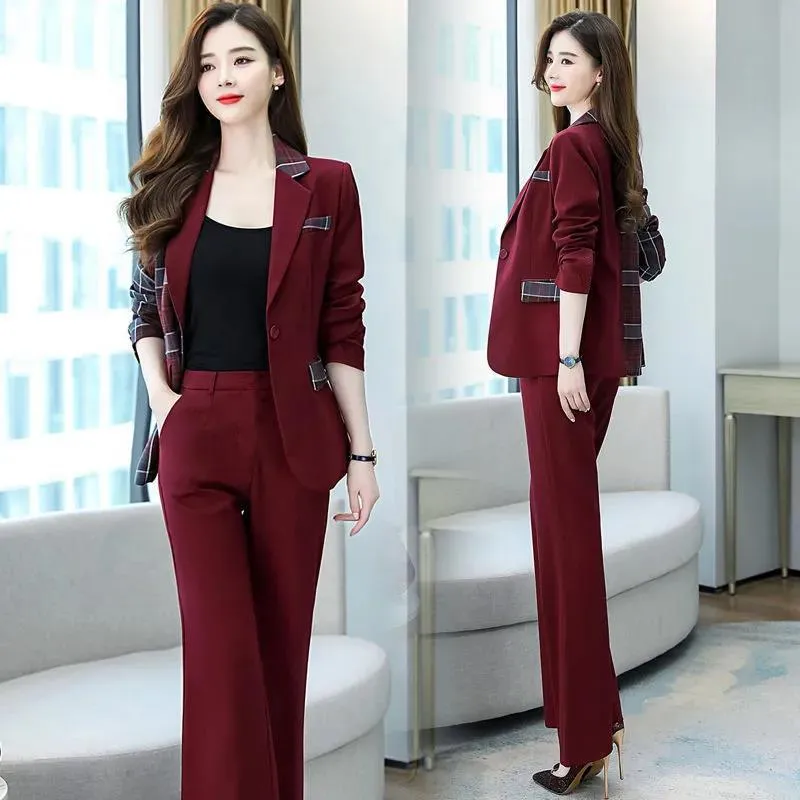 Women Blazer Suit for Spring Autumn Lady Blazer Jacket  Long Pant Female Outerwear Elegant Ladies Coat Plus Size M-3L