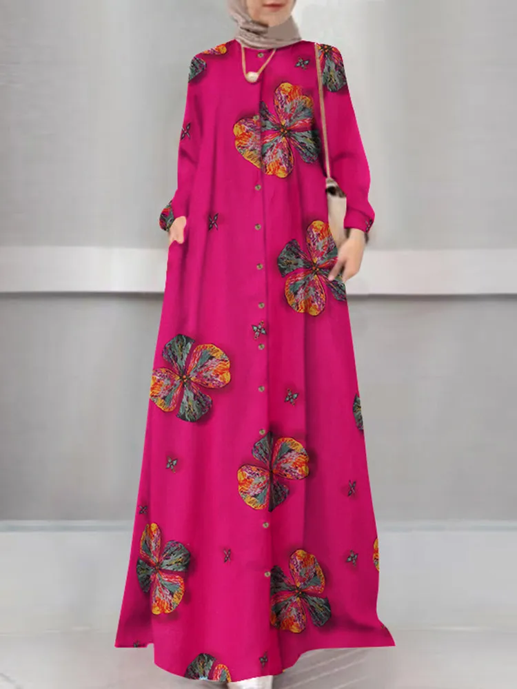 Women Floral Print Holiday A-Line Button Up Long Sleeve Muslim 