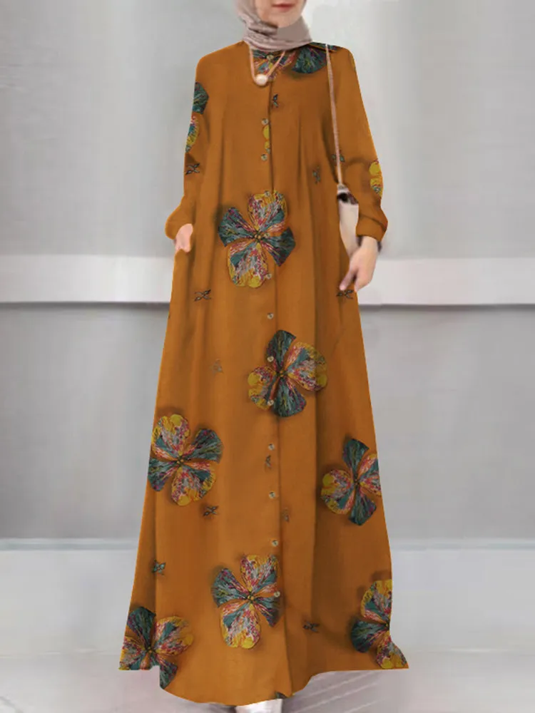 Women Floral Print Holiday A-Line Button Up Long Sleeve Muslim 