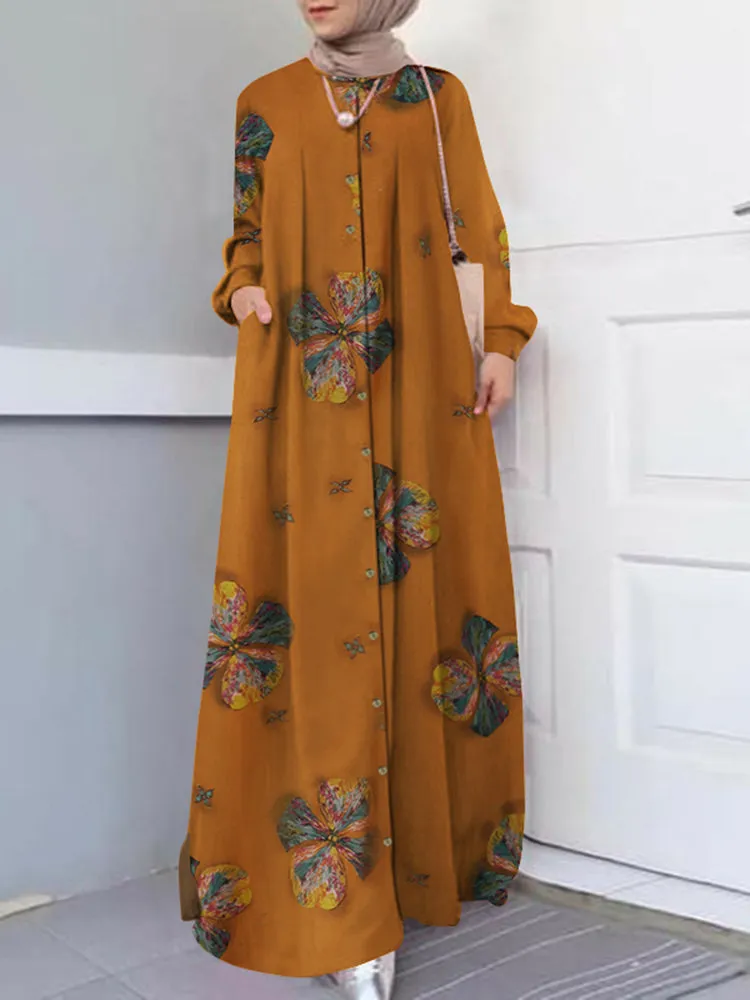 Women Floral Print Holiday A-Line Button Up Long Sleeve Muslim 