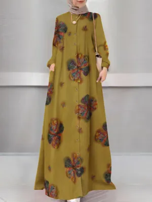 Women Floral Print Holiday A-Line Button Up Long Sleeve Muslim 