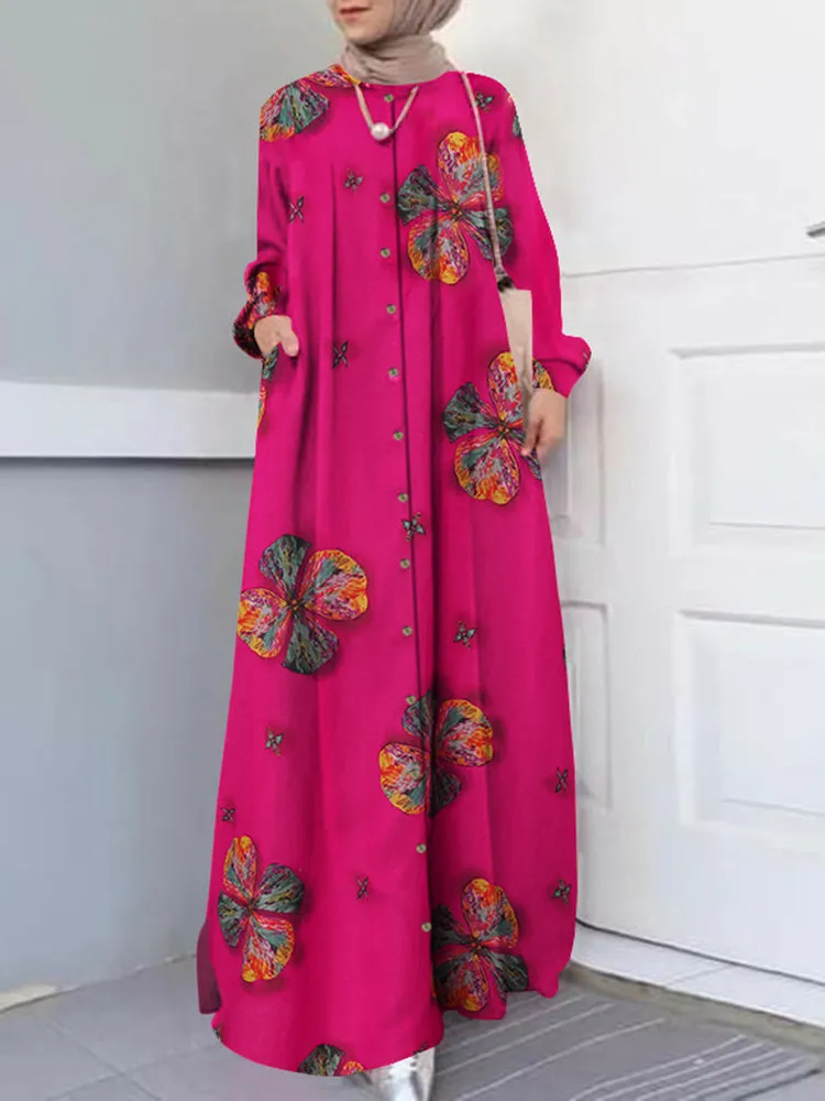Women Floral Print Holiday A-Line Button Up Long Sleeve Muslim 