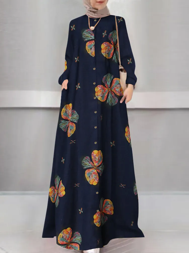 Women Floral Print Holiday A-Line Button Up Long Sleeve Muslim 