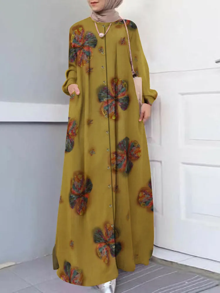 Women Floral Print Holiday A-Line Button Up Long Sleeve Muslim 